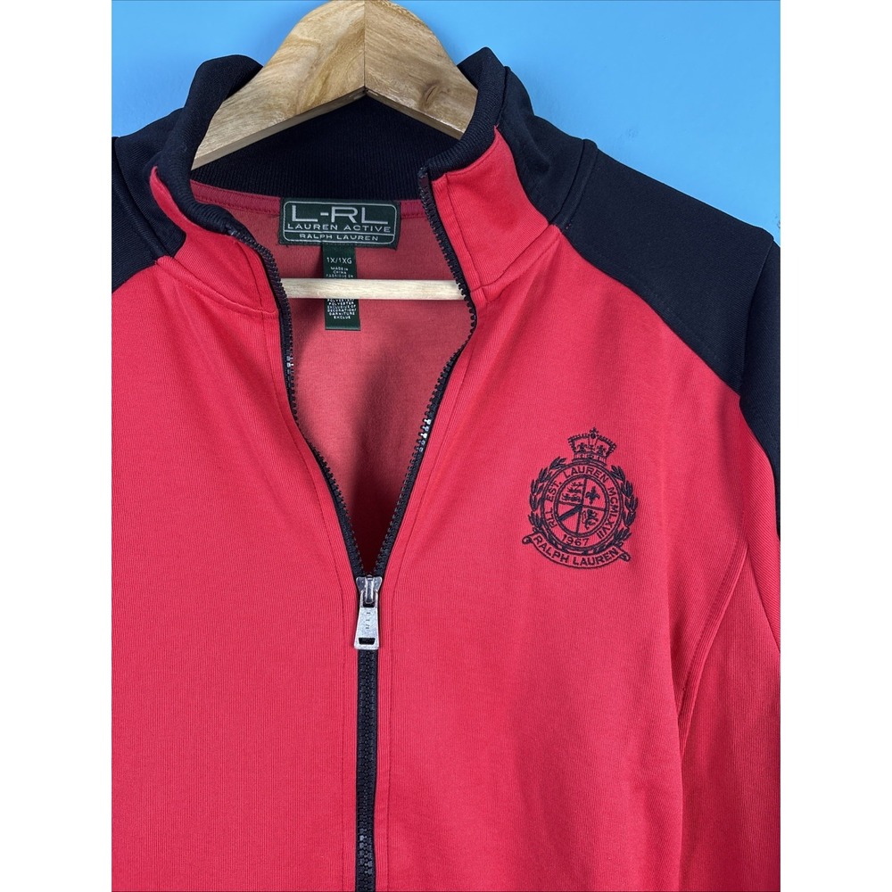 Lauren Ralph Lauren L-RL Active Red Black Track Jacket Crest Logo Women Size 1X